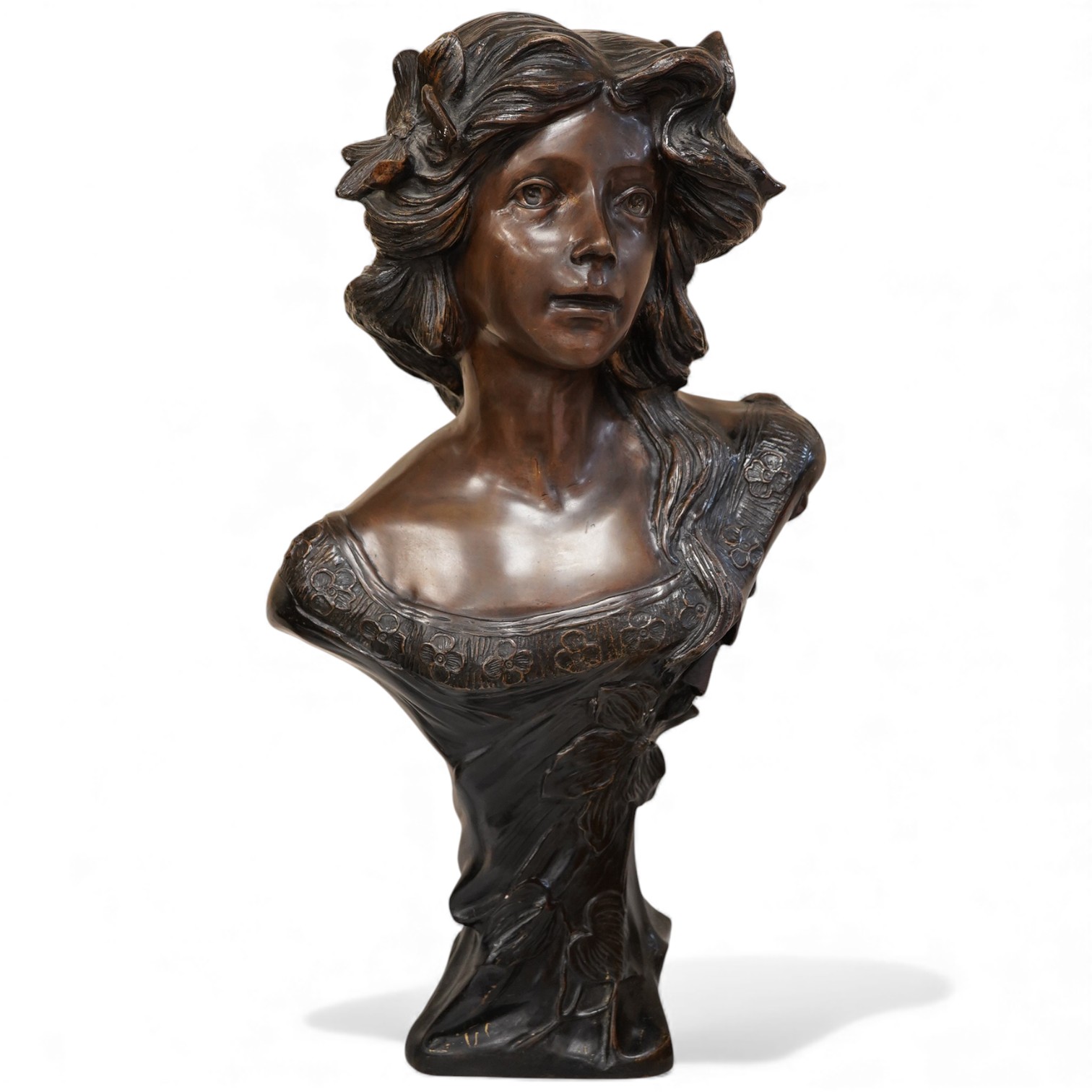 After Moreau, 20th century bronzed patinated bust of a girl, 70cm high